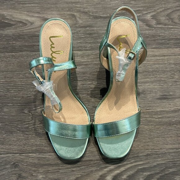 NEW Lulus 7.5 Arya Green Metallic High Heel Sandals Chunky Block Strappy Heels - Picture 6 of 9